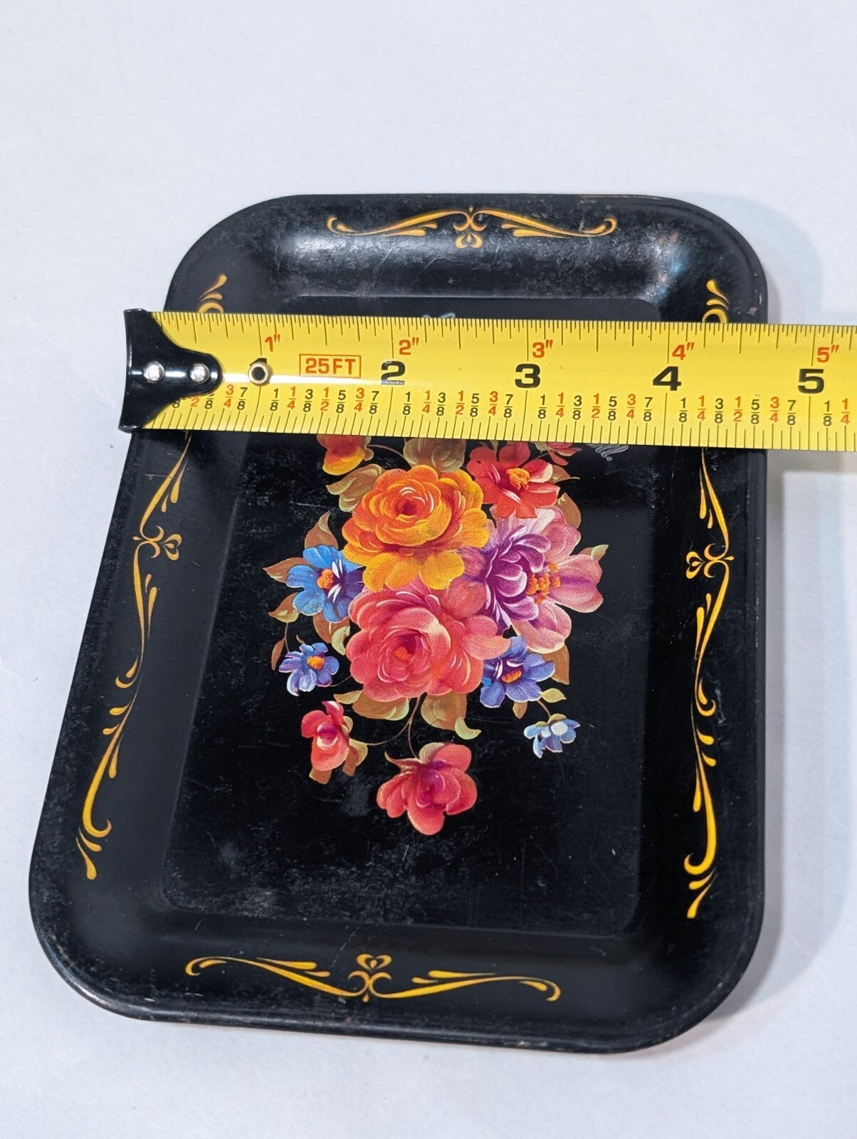 Vintage Tole Metal Floral Rose Design Tray with Display Stand