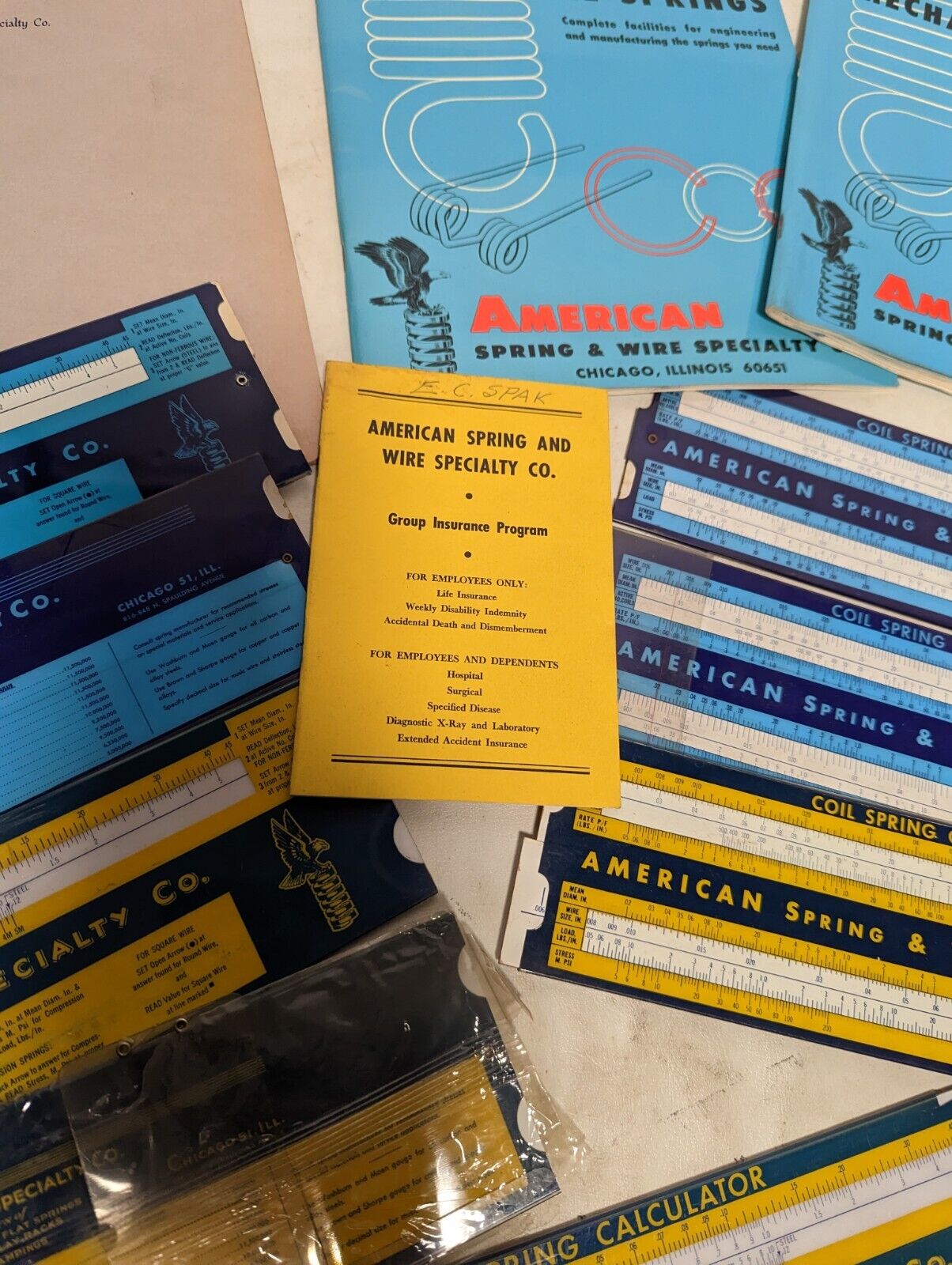 Vintage Chicago-area spring manufacturer paper goods: coil spring calculators...