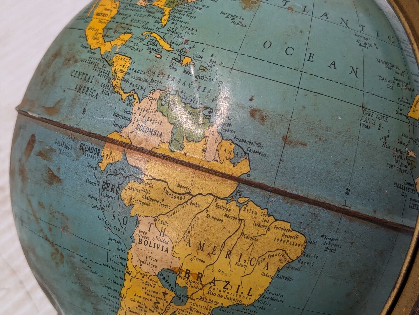 Vintage Mid-Century Modern Globe, dents in Iran, Bolivia, Haiti - Free Shipping