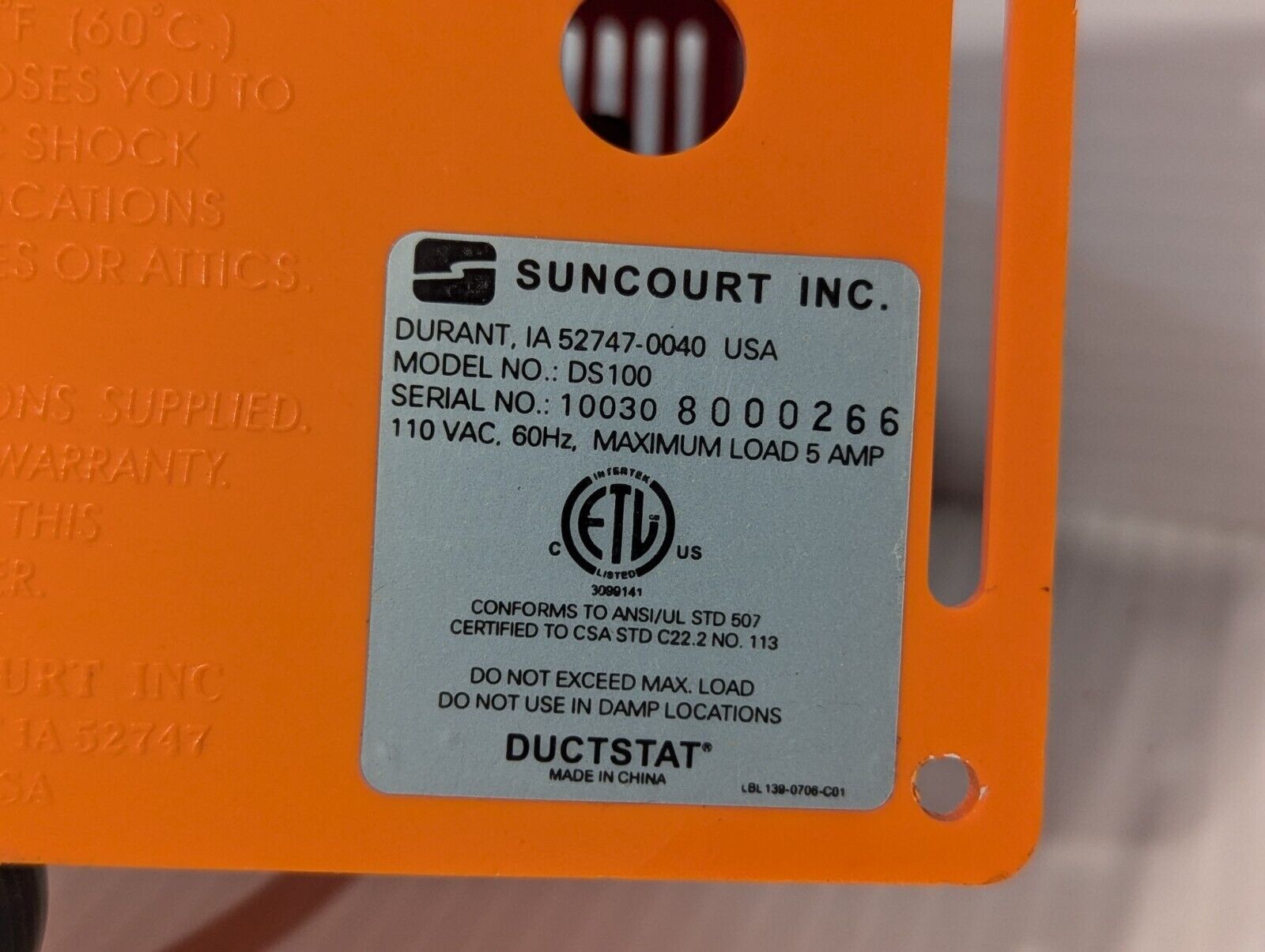 Suncourt DS100 DuctStat Plug-In Thermostat Temp Sensitive Switch