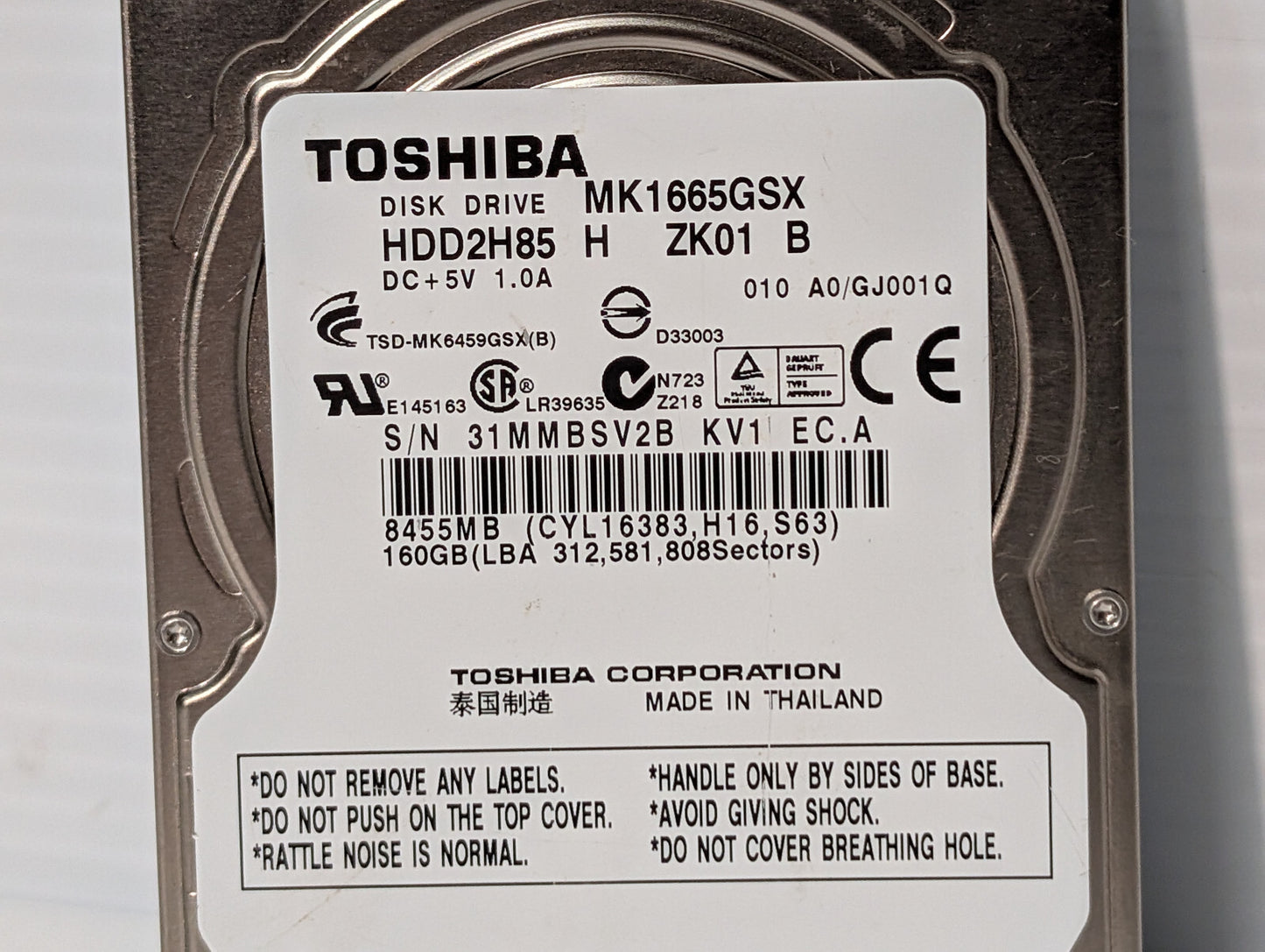 Toshiba MK1665GSX 160GB SATA Computer Disk Drive Hard Drive HDD2H85