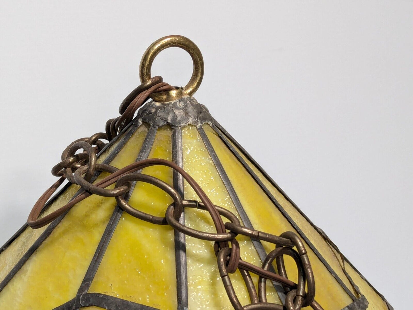 Vintage Yellow Slag Glass Hanging Terrarium Lamp, Stained Glass, - Free Shipping