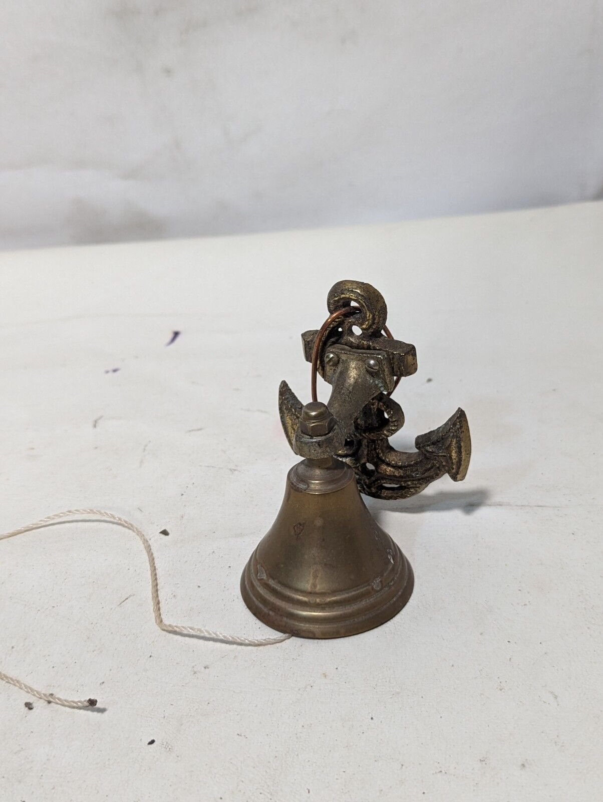 Vintage Brass Ship Anchor Bell w/ Rope Lanyard.  3.5"H x 2" Dia.