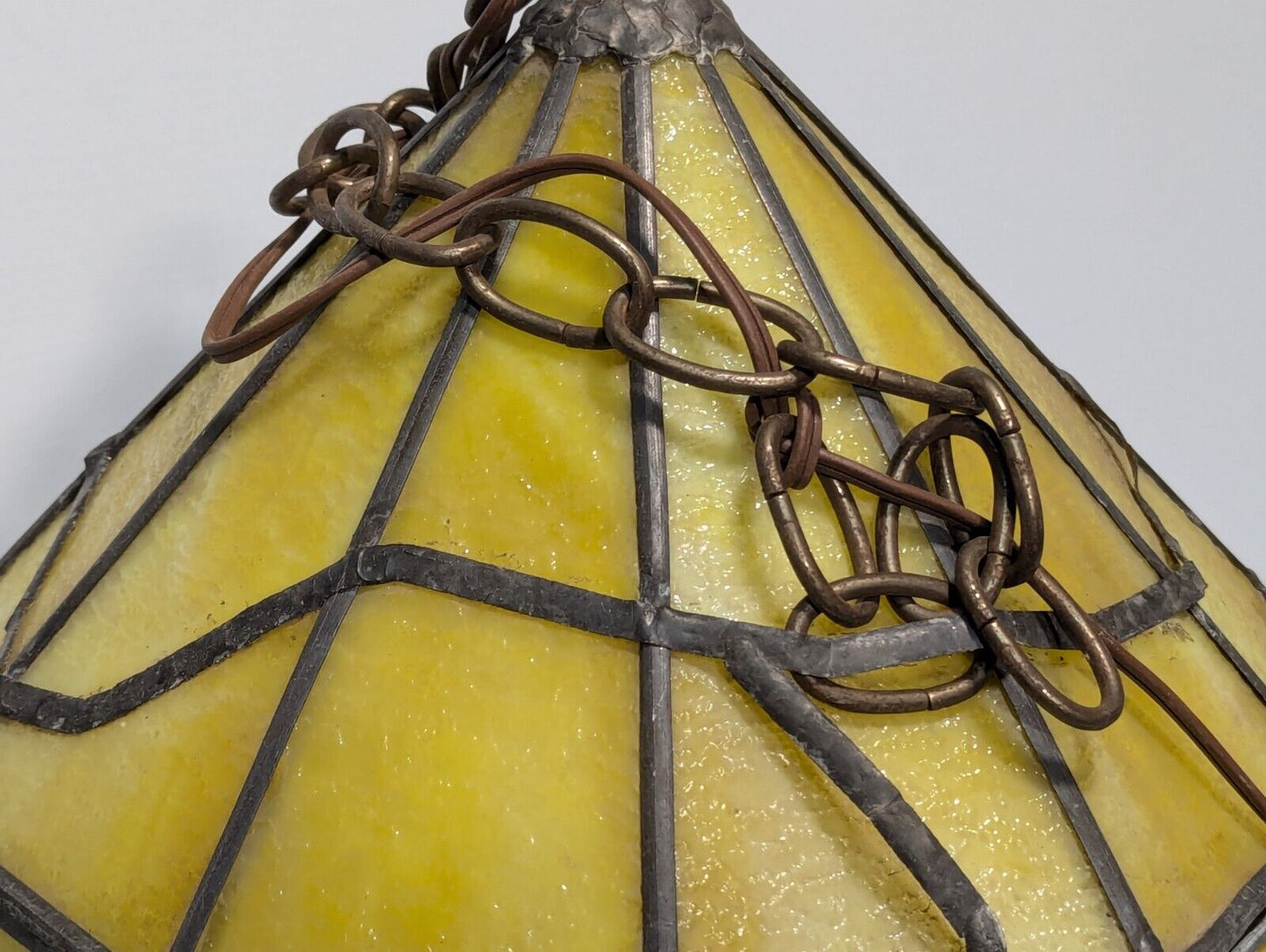 Vintage Yellow Slag Glass Hanging Terrarium Lamp, Stained Glass, - Free Shipping