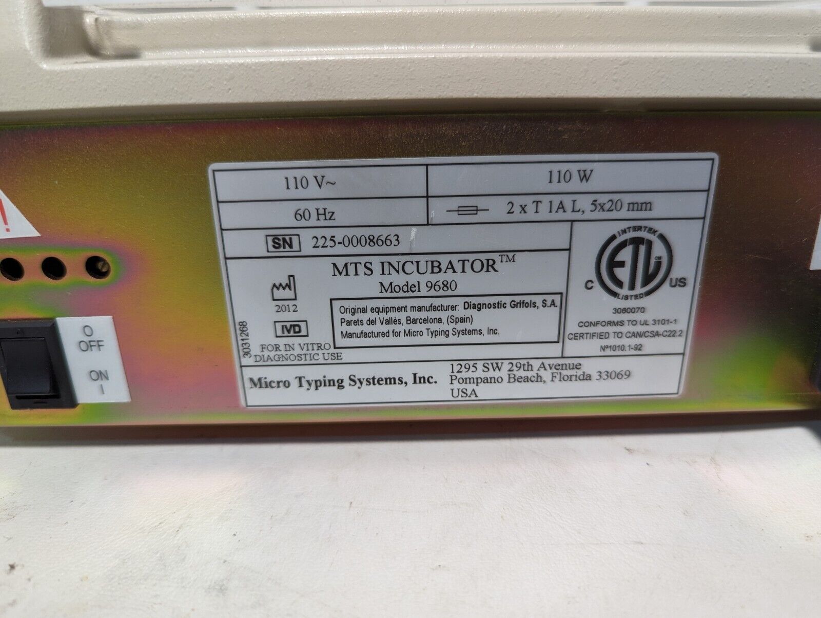Micro Typing Systems 9680 MTS Incubator