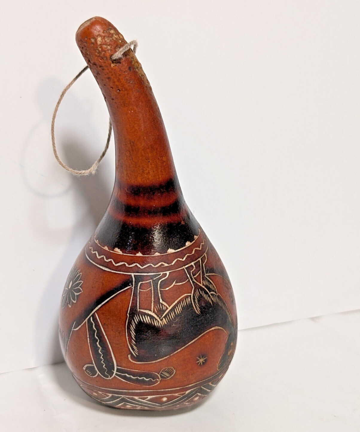 Vintage Peruvian Etched Gourd Maraca, Shaker, Music, Mountains, Donkey, Cactus