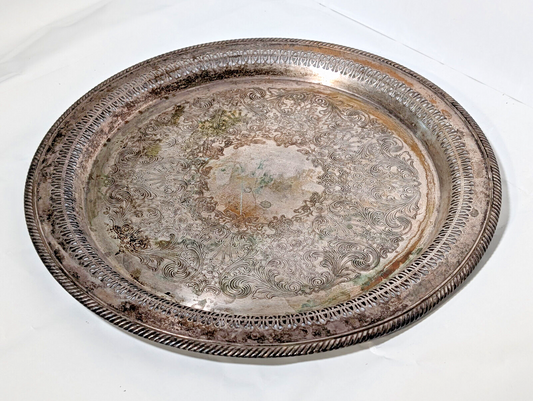 Vintage 15" Sterling Silver Plated Serving Platter, Tray, Victorian, Filagree