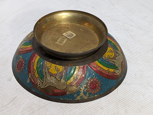 Vintage solid brass unicorn and rainbows decorative bowl, paint flecking