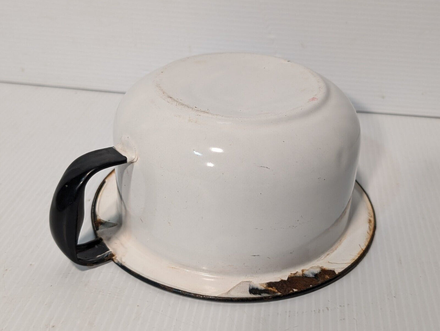 Vintage White Enamel Mug (?) with Large Lip, Black Trim, Handle - Free Shipping