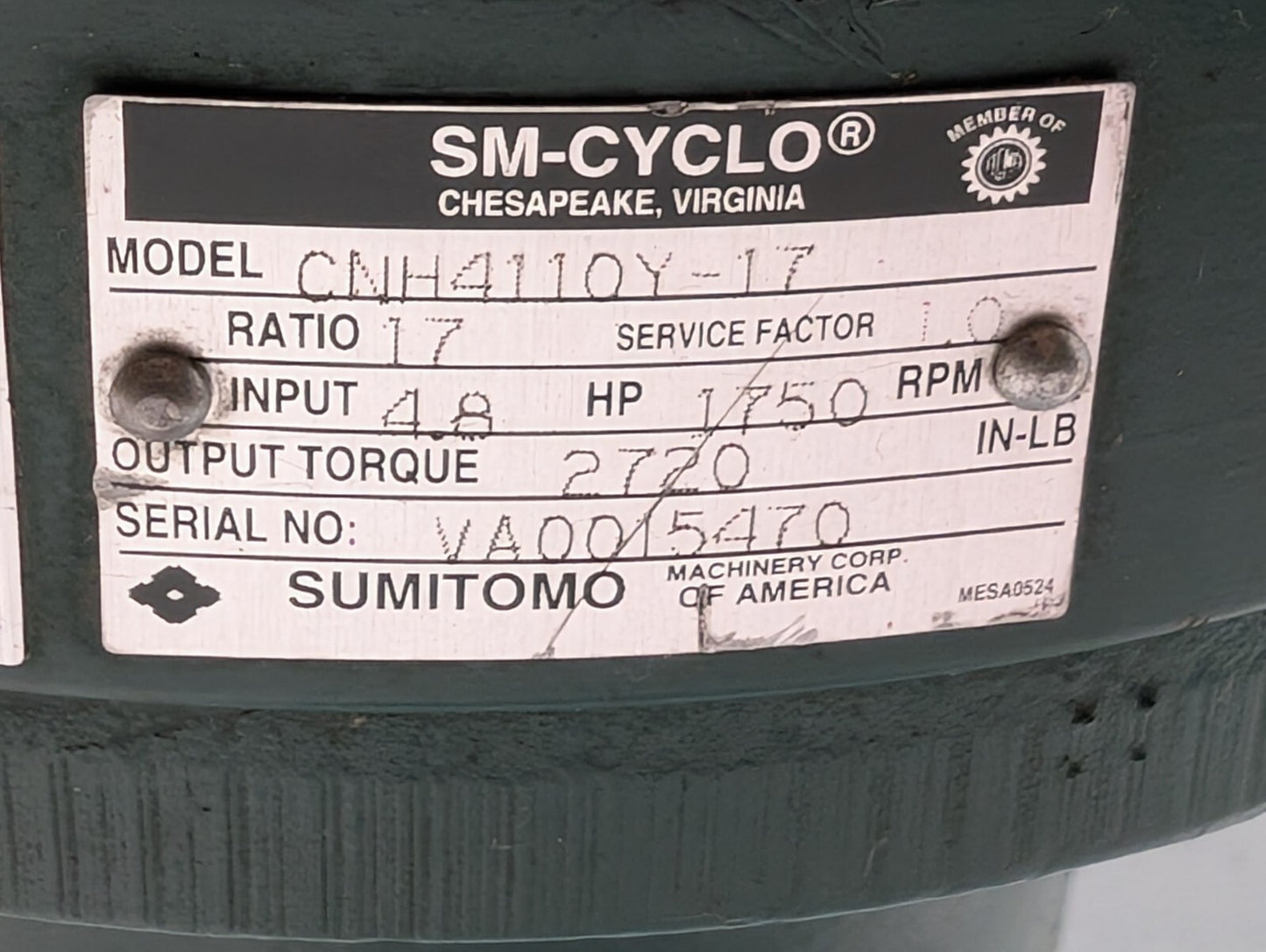 Sumimoto CNH4110Y-17 SM-CYCLO Speed Reducer, 1750rpm, SF 1.0, Torque 2720 IN-LB