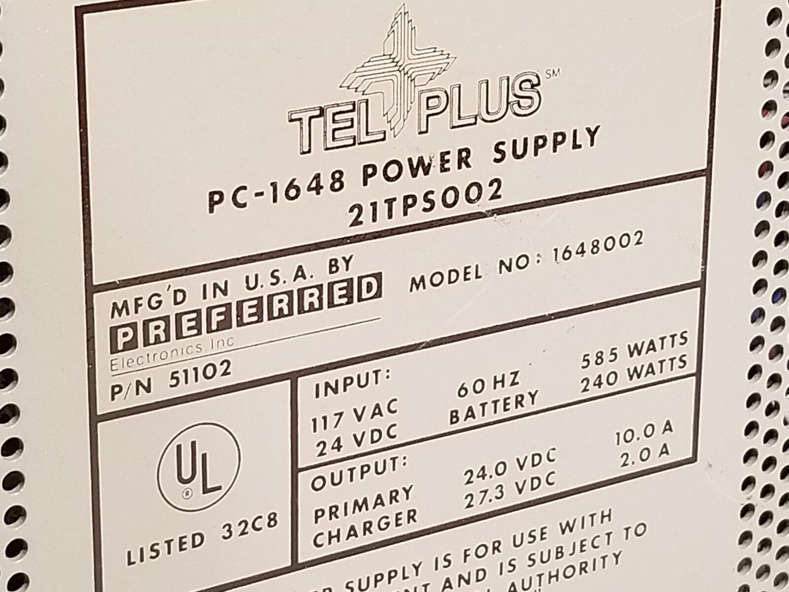 Tel-Plus PC-1648 power supply, 21TPS002, 24.0/27.3 VDC out at 10.0A/2.0A  