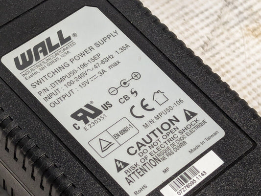 Wall Industries Switching Power Supply DTMPU50-106-15EP 15V-3A - Free Shipping