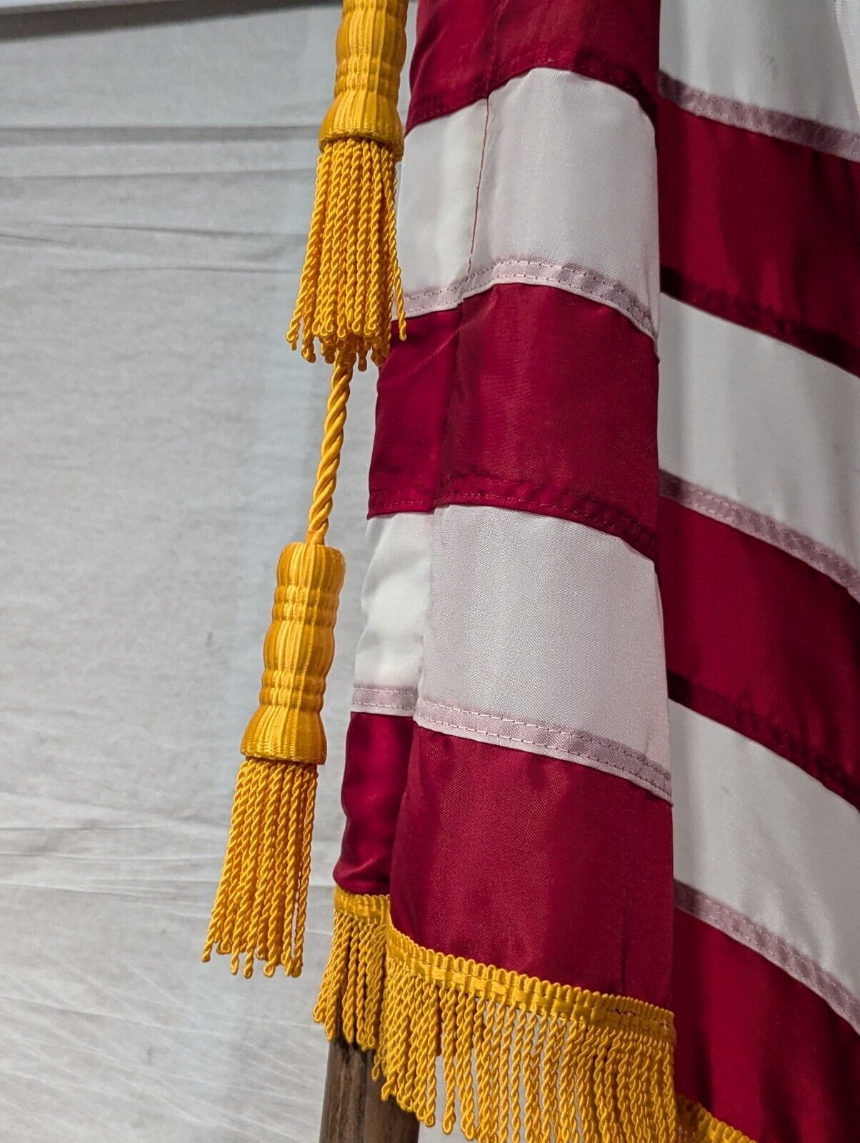 Vintage Indoor 3' x 5' American Flag With Gold Fringe and Wooden Flag Pole 99" H