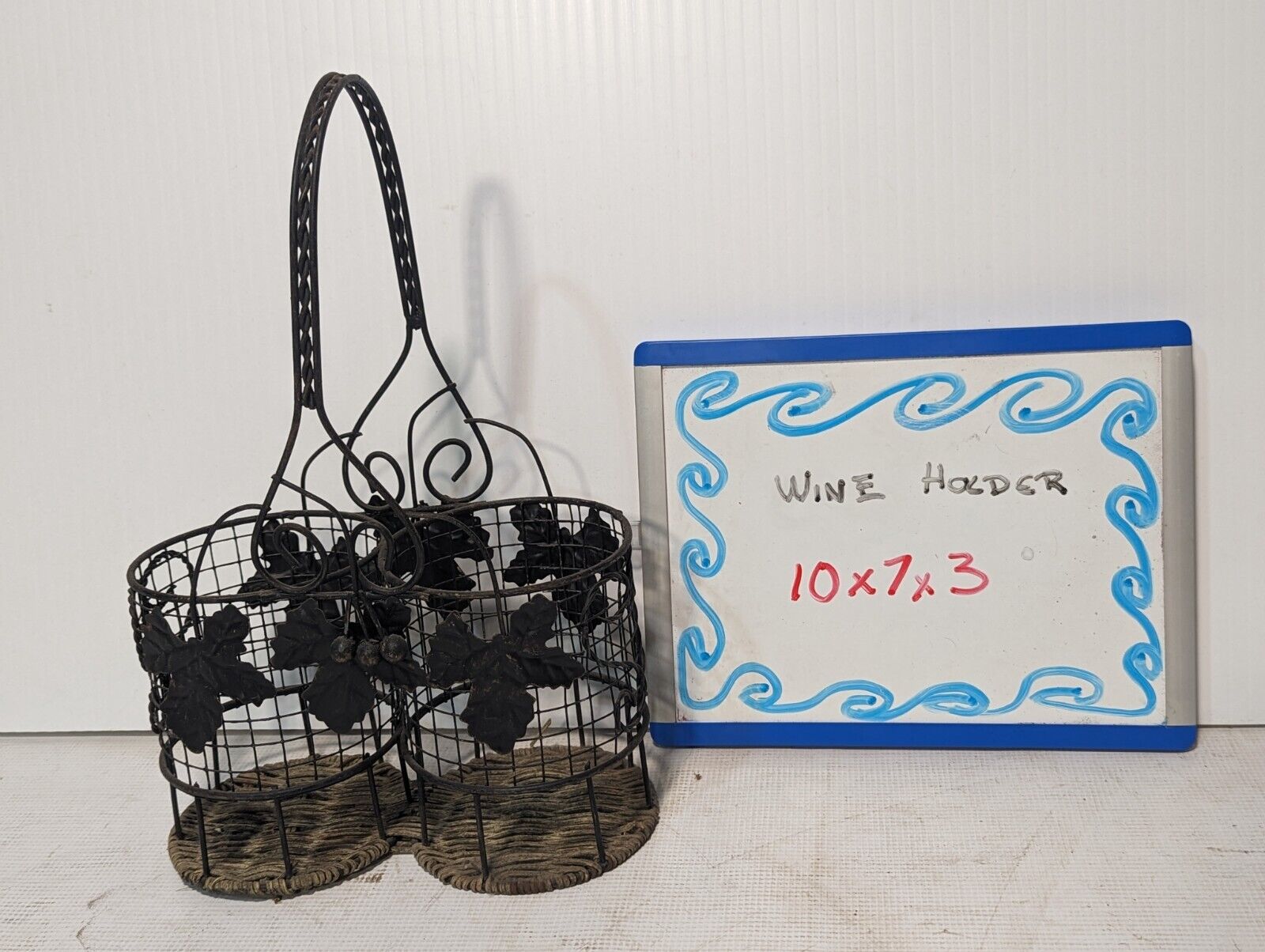 Vintage Metal Wire And Wicker 2 Bottle Wine Holder with Handle - Free Shipping