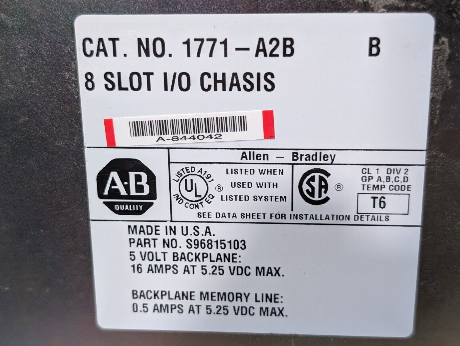 Allen Bradley 1771-A2B PLC 8 Slot I/O Chassis, Series B - Free Shipping