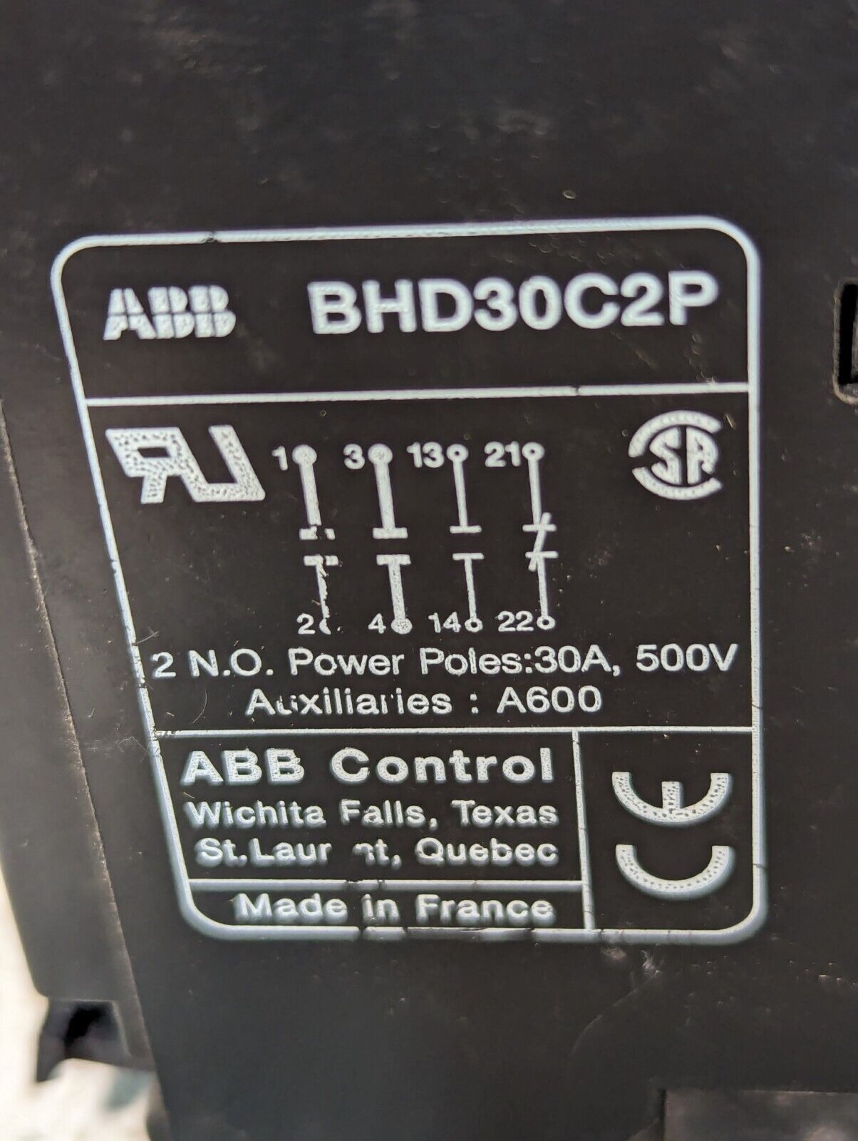 ABB BHD30C2P Control Contactor, 30A, 500V, 2-Pole, A600