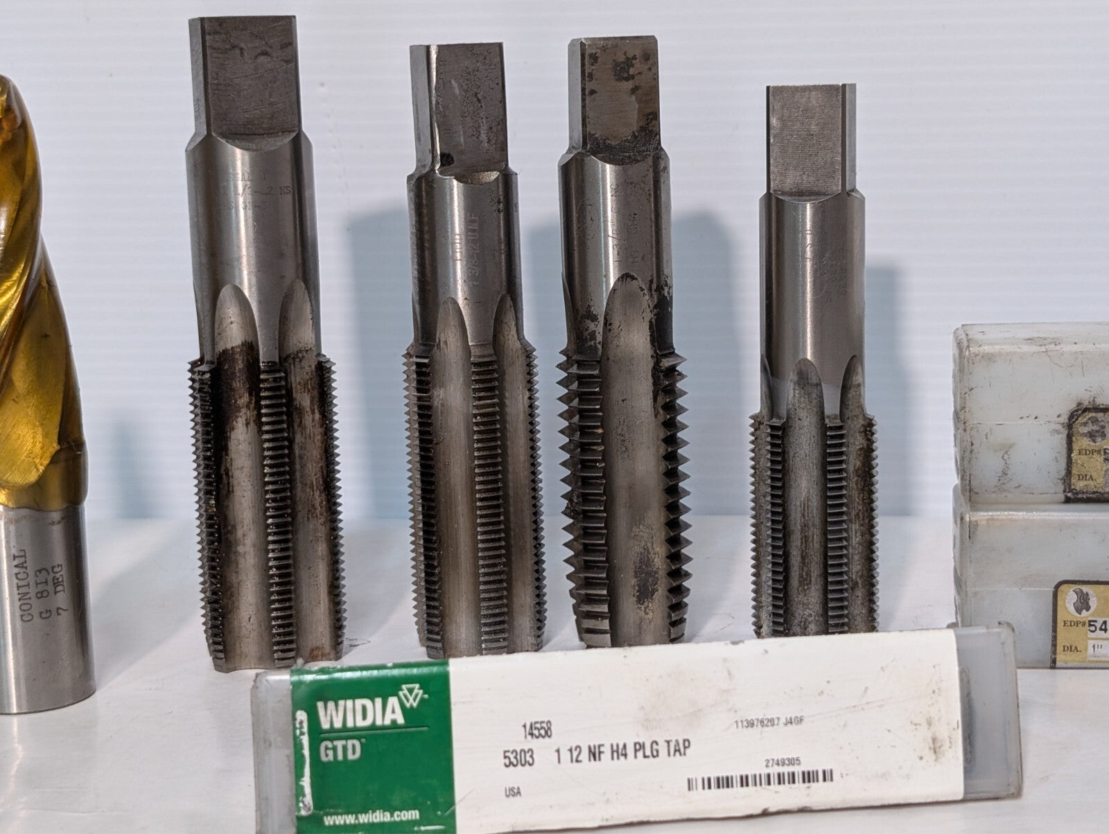 (12) End Mills and Tap, Sossner Widia Conical, See Photos for Specs.