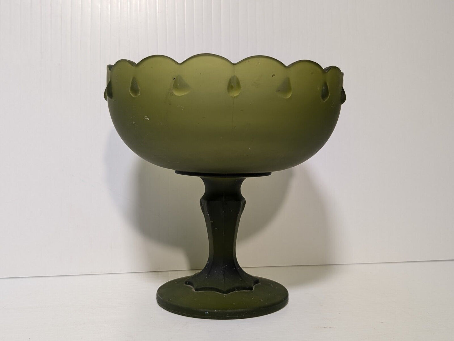 Vintage Indiana Green Frosted Stemmed Pedestal Glass Bowl - Teardrop Pattern