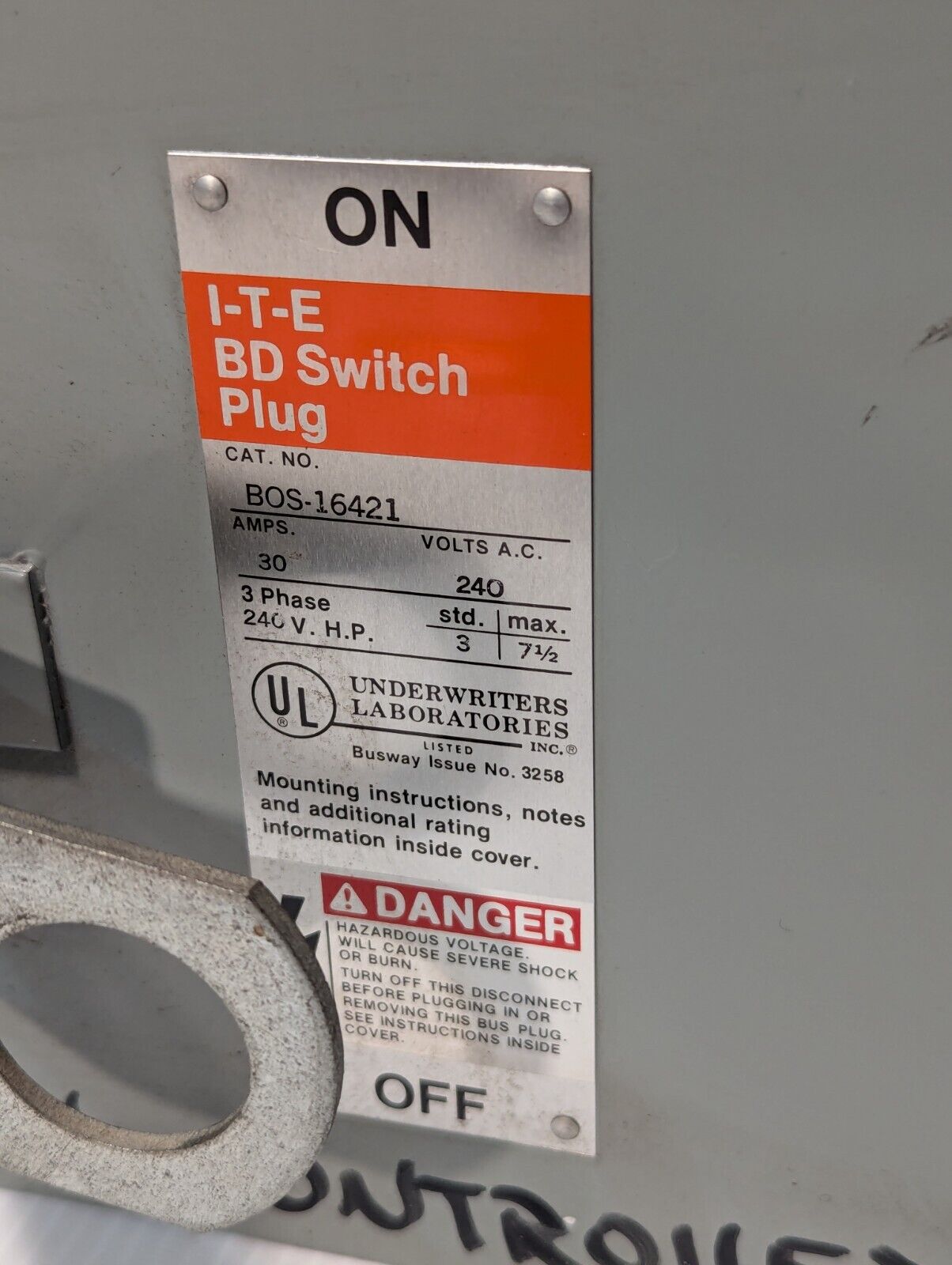 I-T-E BOS-16421 BD Switch Plug, 30A, 240V, 3 phase, 3 HP std. - Free Shipping