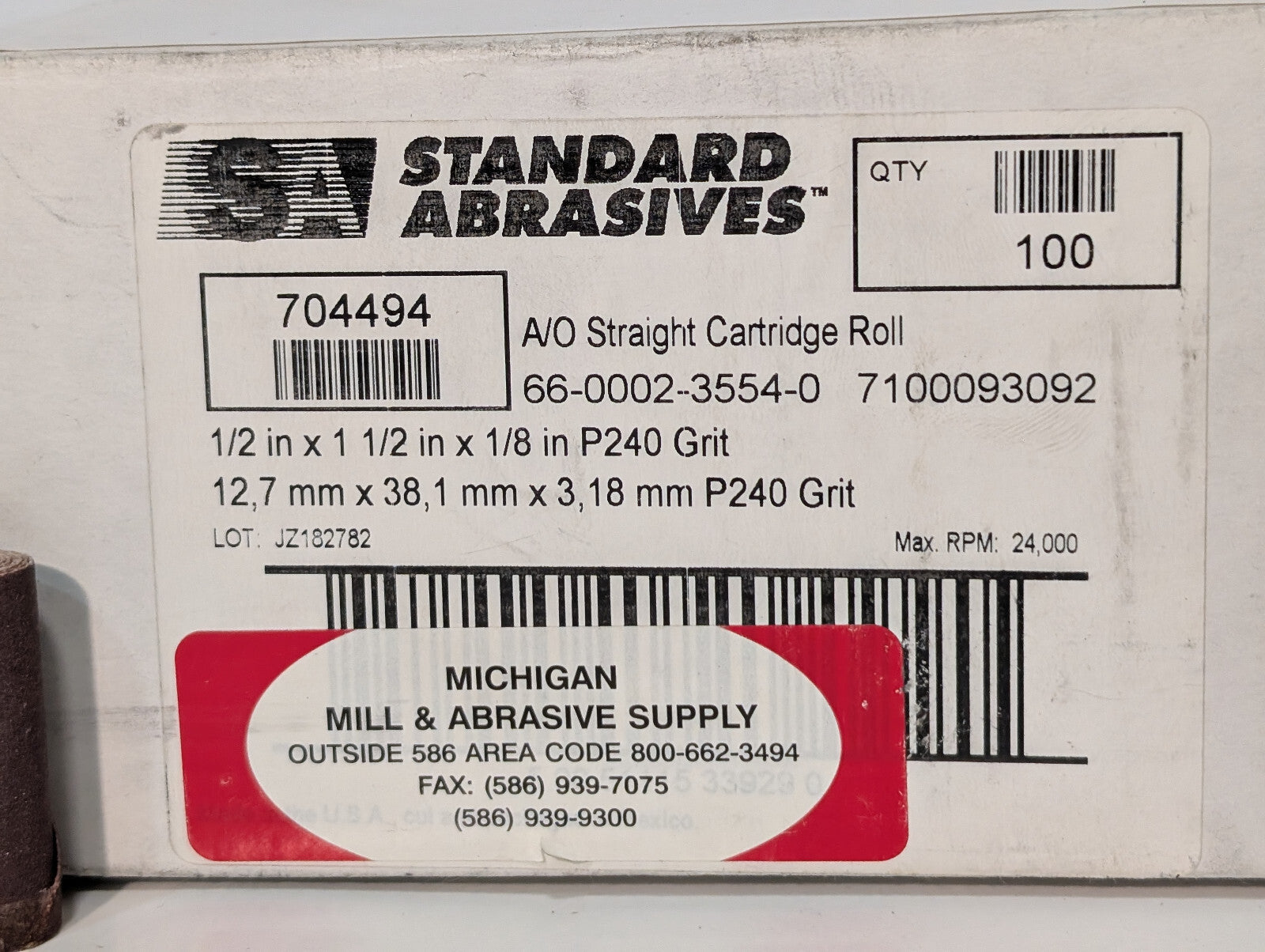Standard Abrasives #704494 Straight Cartridge Roll P240 Grit, 1/2"x1-1/2"x1/8"