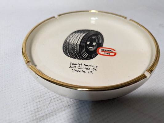 Vintage Ceramic Ashtray - General Tire at Sandel Service 7in Diameter, Lincoln