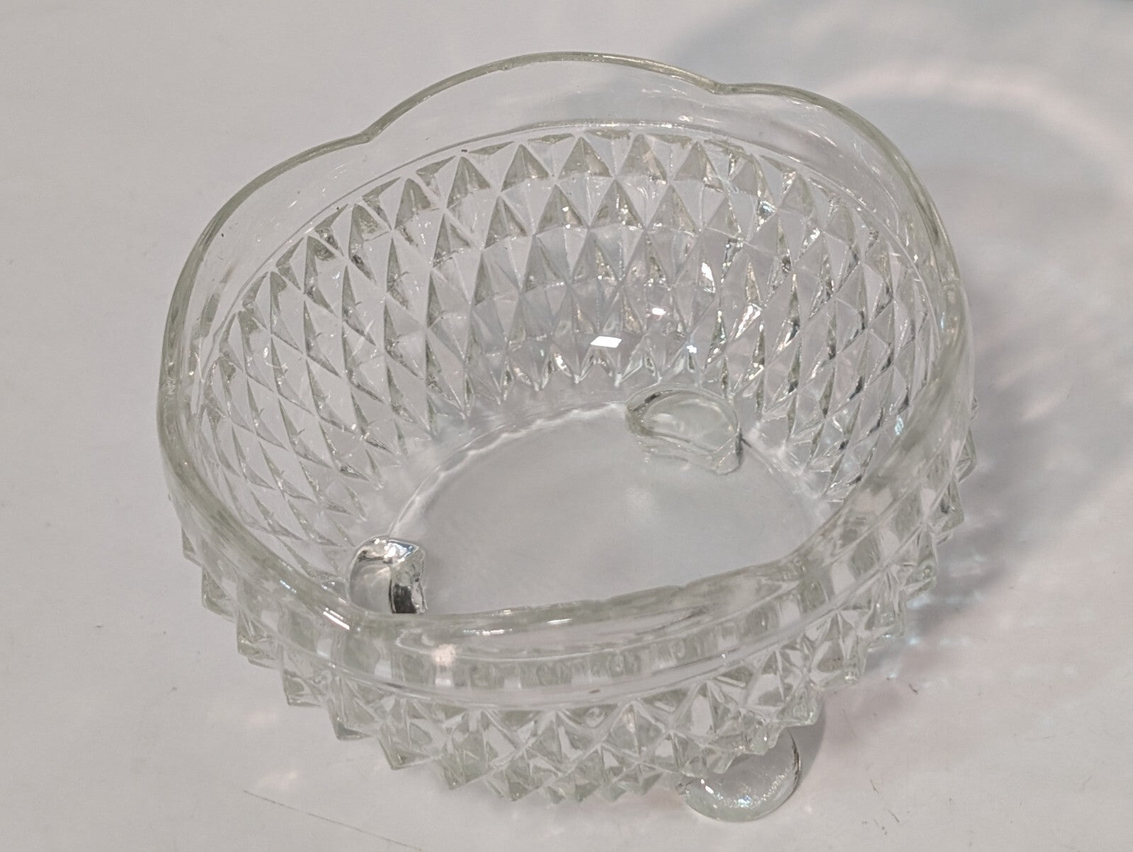 Vintage Indiana Glass Clear Diamond Point 3 Toed Candy Dish 5” x 3”