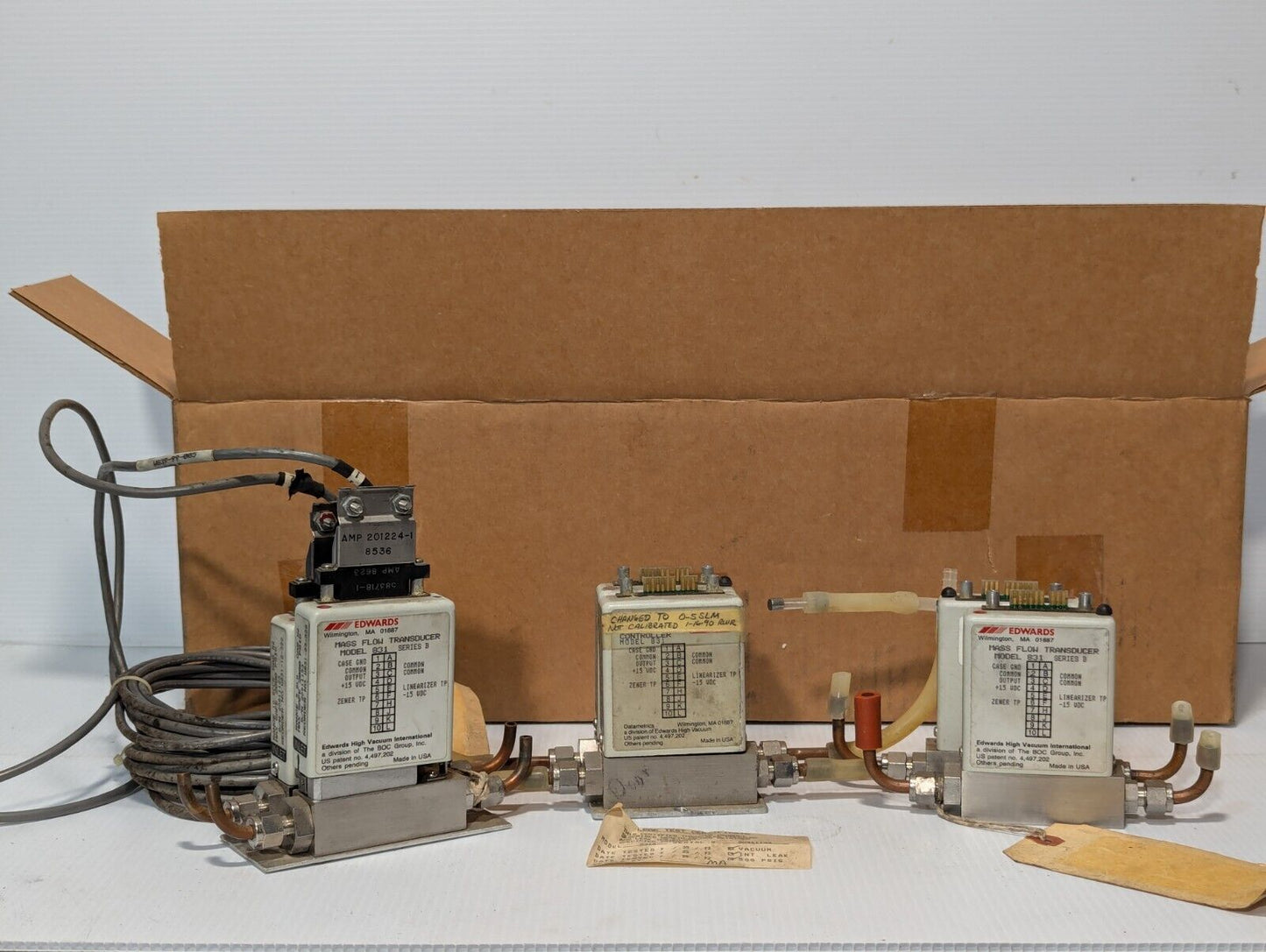 Edwards 831 Mass Flow Transducer, in set of two units: 5 SLM and 10 SCCM range