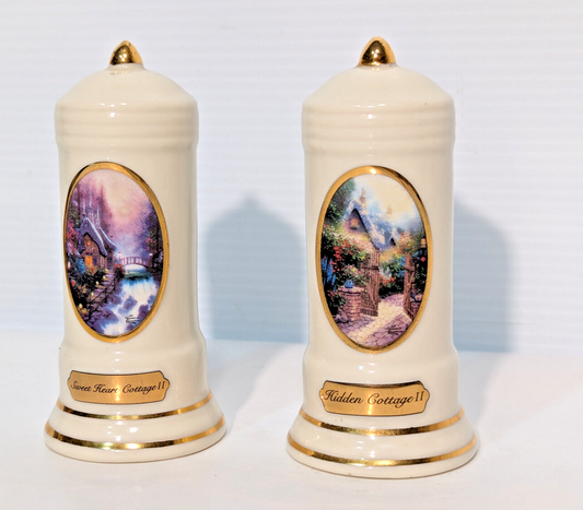 Thomas Kinkade Porcelain Salt and Pepper Shakers Sweet Heart, Hidden Cottage II