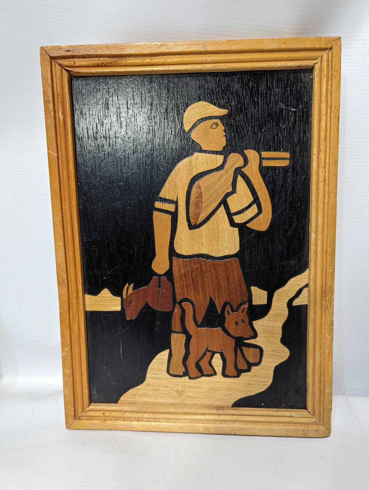 Vintage Wooden Inlay Art - Hunter with Dog and Shotgun 14.5in x 10.5in