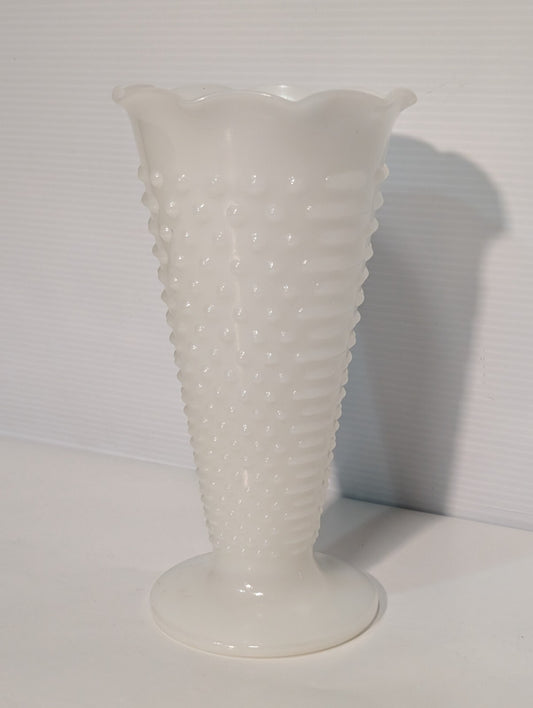 Vintage Anchor Hocking Milk Glass Hobnail Trumpet Vase Ruffled Scalloped Rim