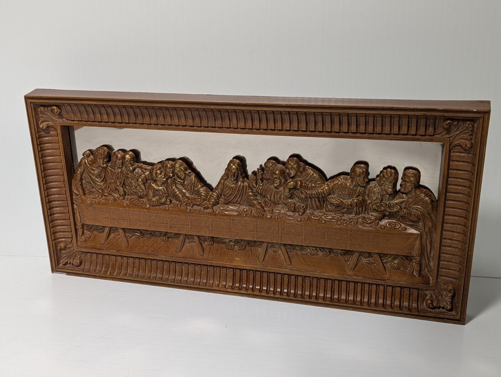 Vintage The Last Supper Mirrored Wood Carving Wall Piece 22" x 10"