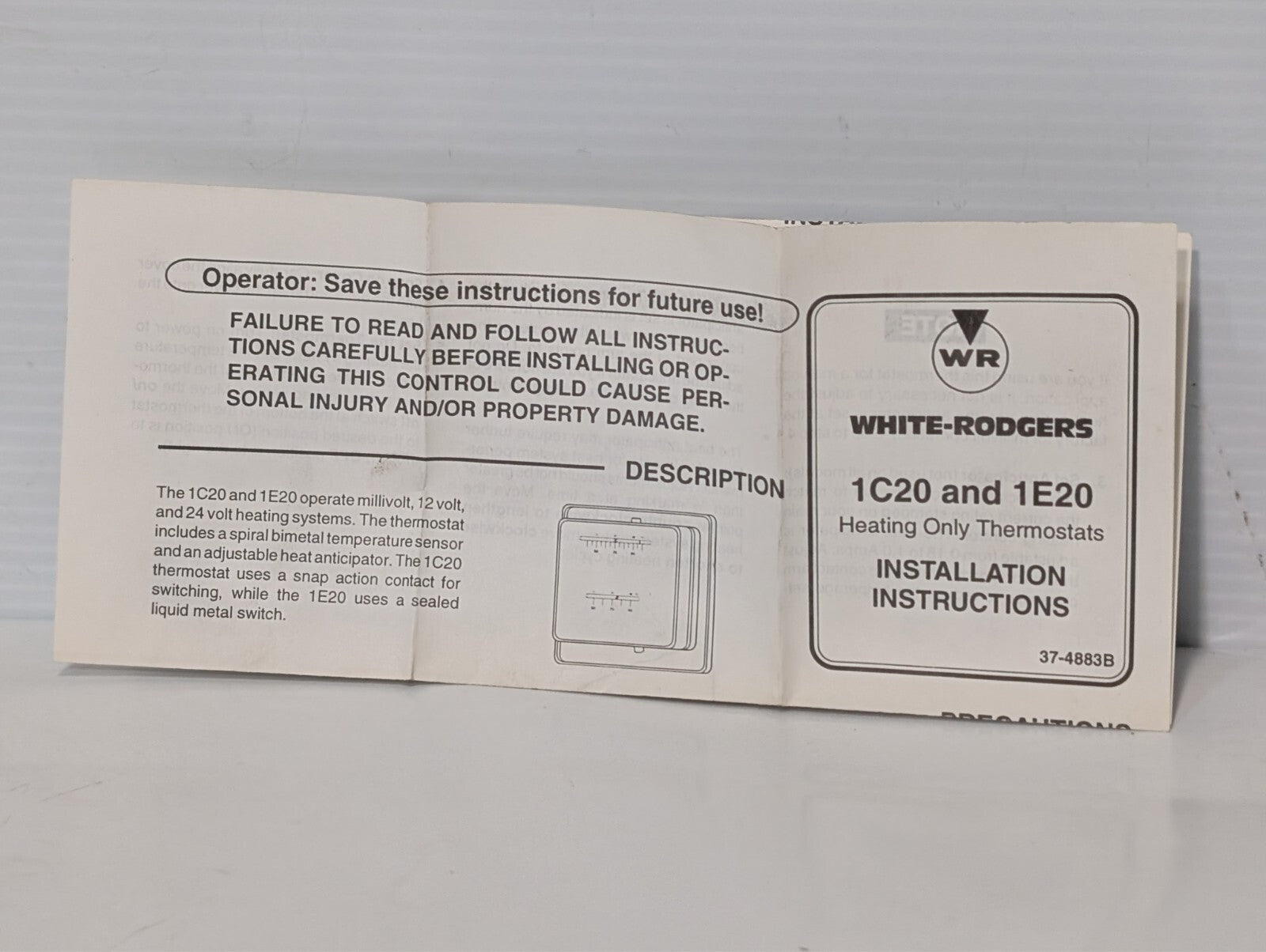 White Rodgers 1C20-1, Heating Thermostat, Low Voltage Snap Action, Model 7202
