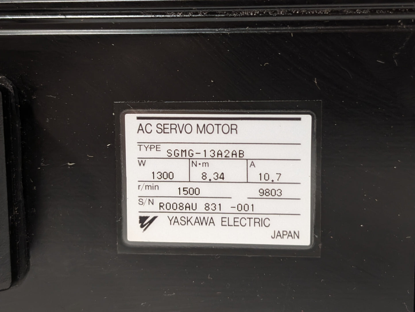 Yaskawa Electric SGMG-13A2AB AC Servo Motor W1300 N.M 8.34, A10.7, 1500RPM, 9803