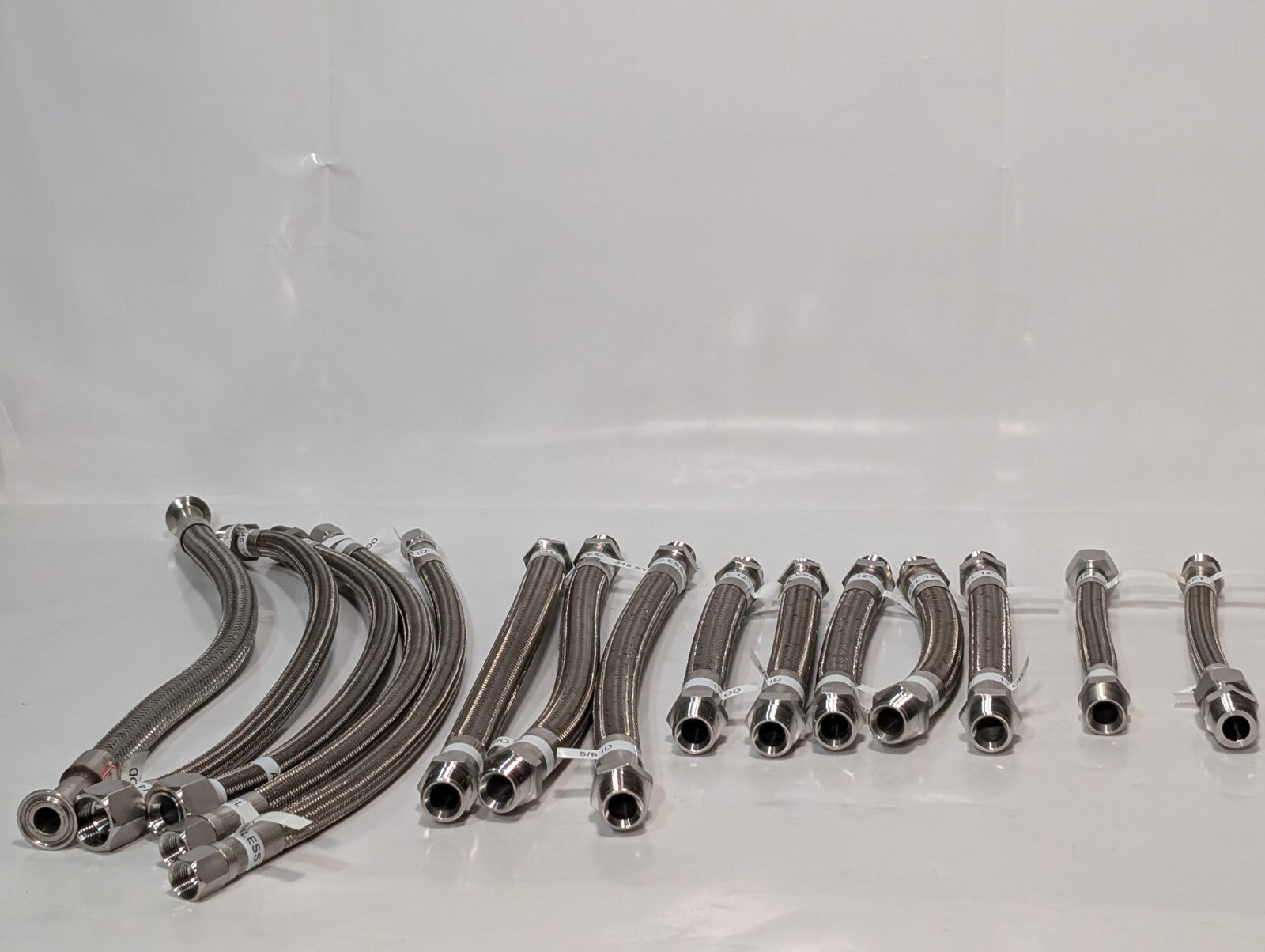 (15) Braided 316 Stainless Steel Flex Hoses, Assorted Lengths Sizes Ports