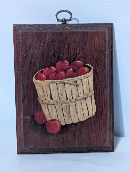 Vintage Hand Painted Bushel of Apples Wood Plaque Rustic Kitsch 5.5" W x 7.25" H