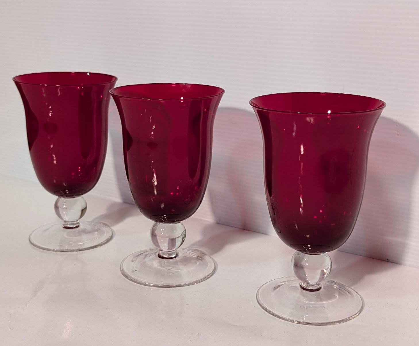 3 Vintage Ruby Red Goblets Fluted Clear Stem Tumblers Holiday Retro Celebration