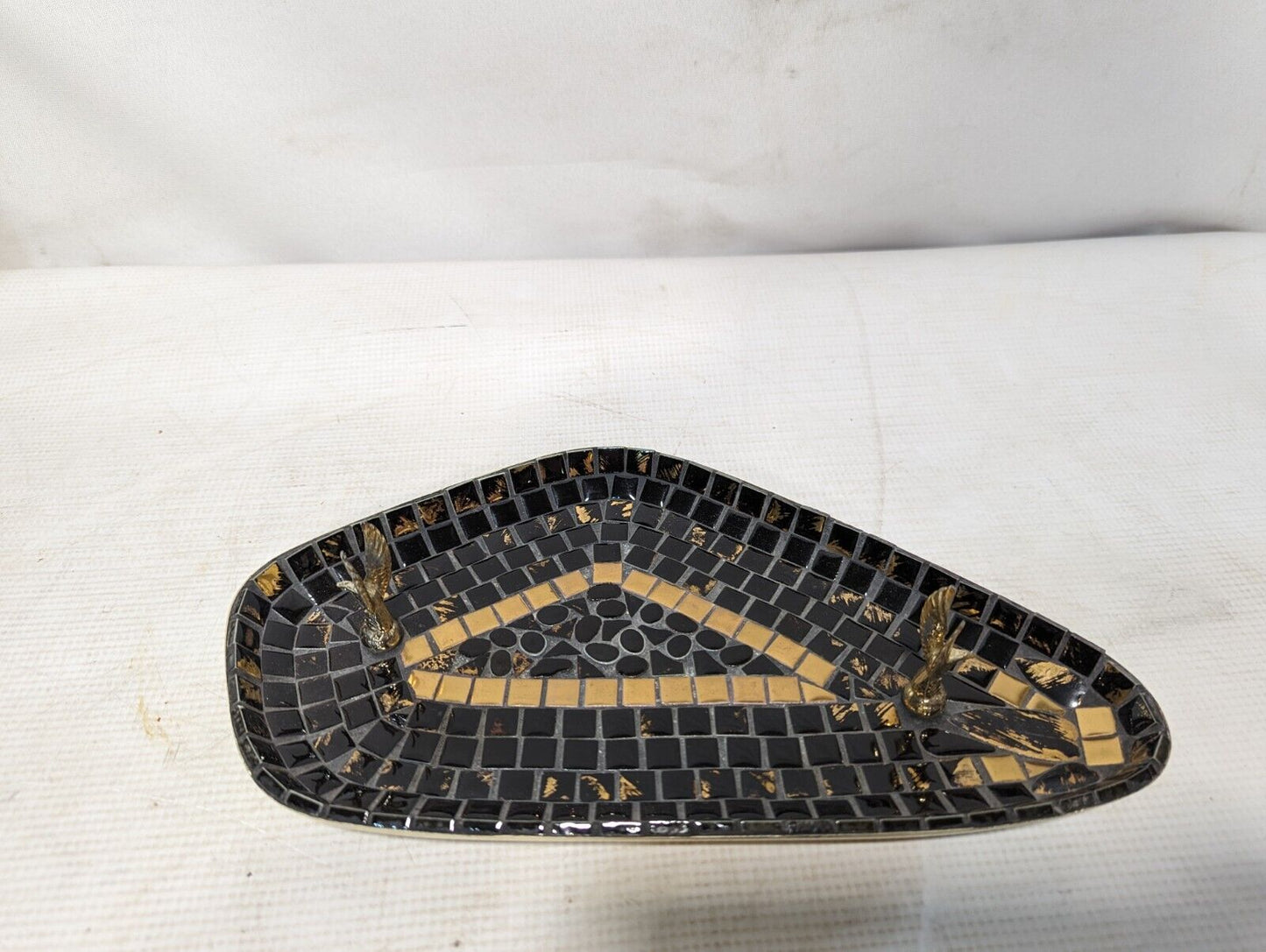 Vintage mosaic tray, black and gold, with eagles, 12 Inches By 6.75 Inches