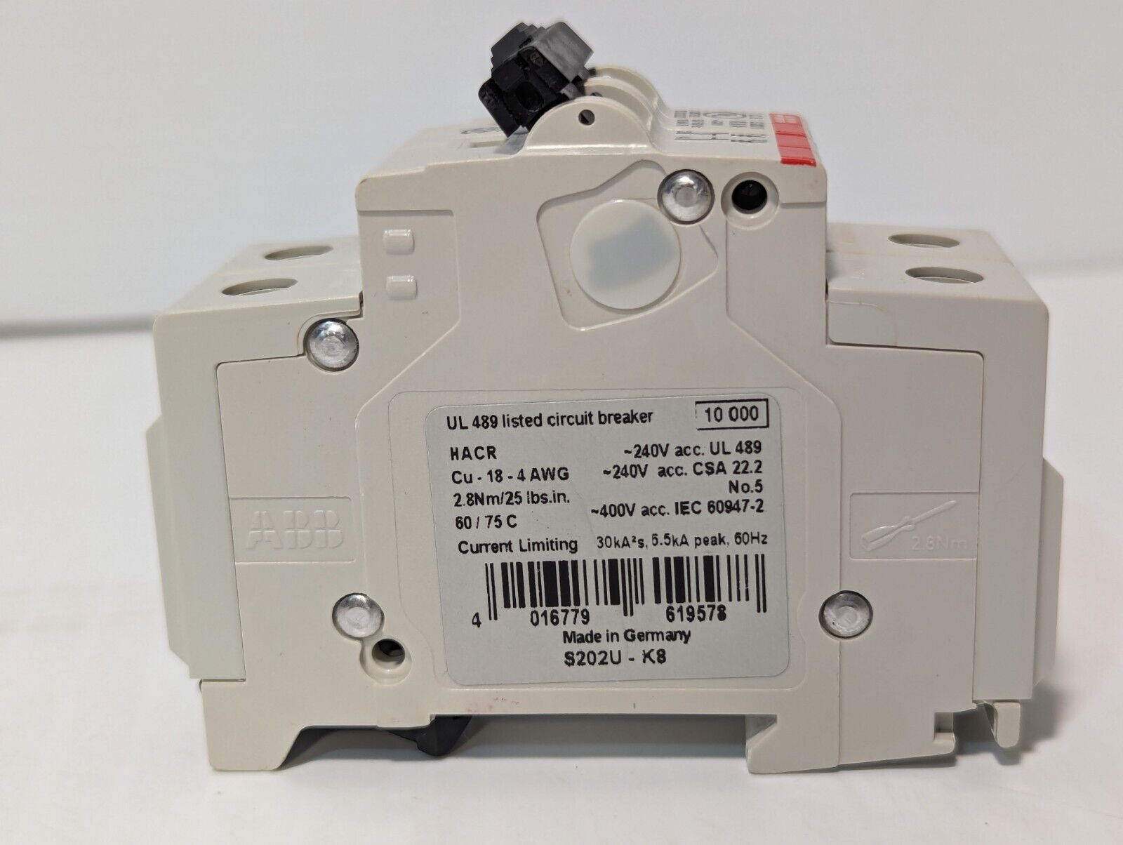 ABB S202UK8A Circuit Breaker, 8A, 240VAC, 2 Pole Unit - Free Shipping