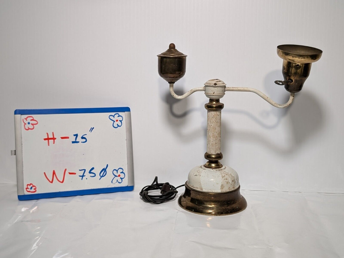 Unique Vintage Brass and White Table Lamp with Offset Swivel Light Bulb Socket