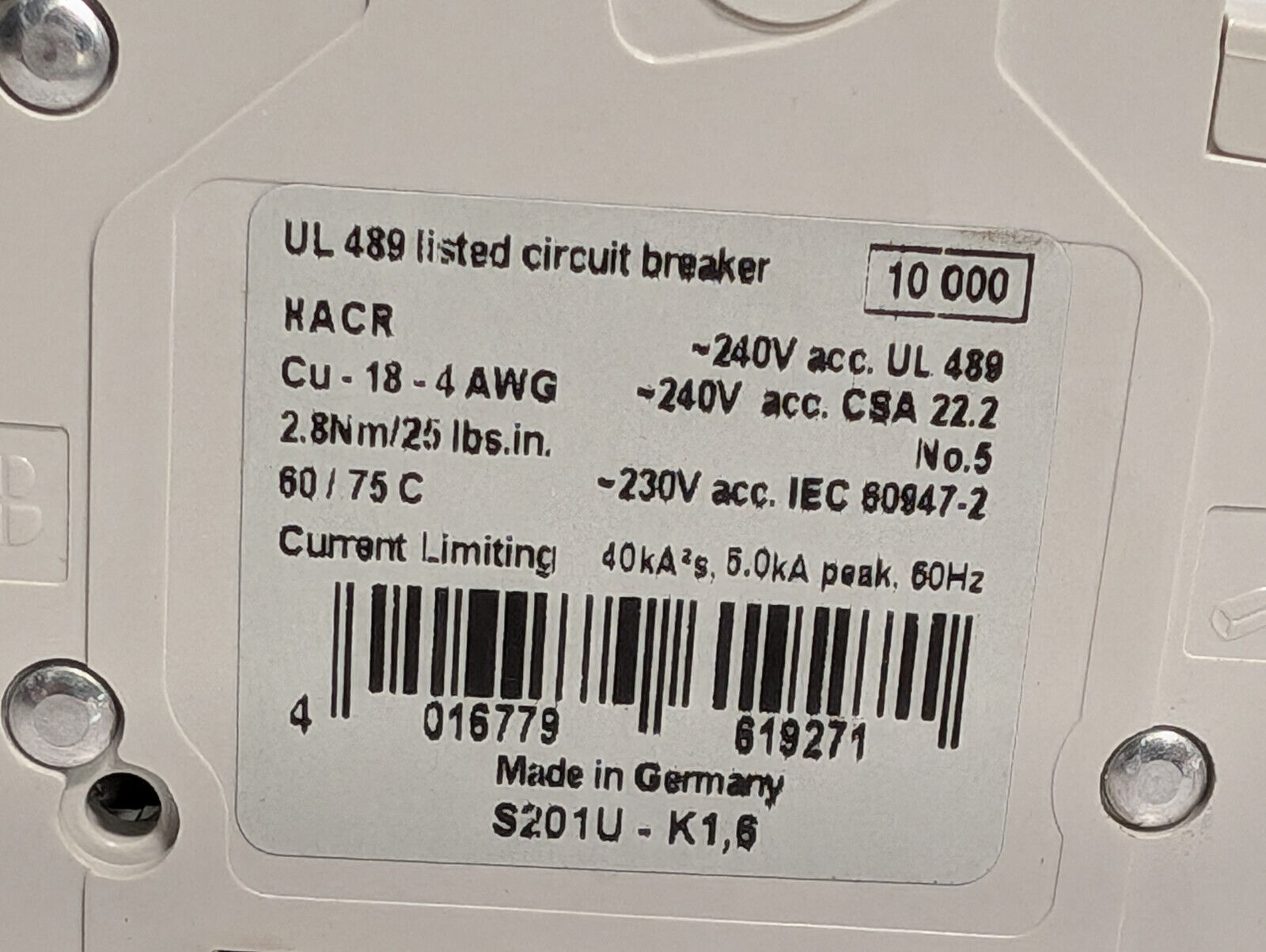 ABB S201U-K1,6 Circuit Breaker, 162K852H01, 1-Pole, 240 VAC, 50/60Hz, E212323