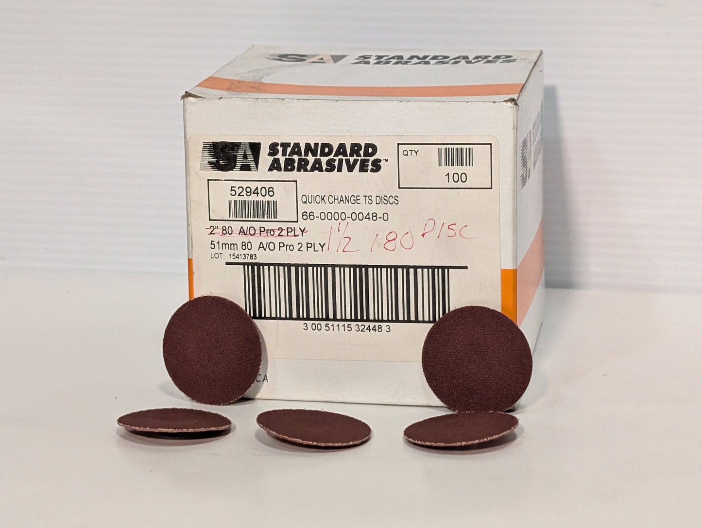 Standard Abrasives 1-1/2", 1.5", Quick Change Discs, 180 Grit, 100 Count Box