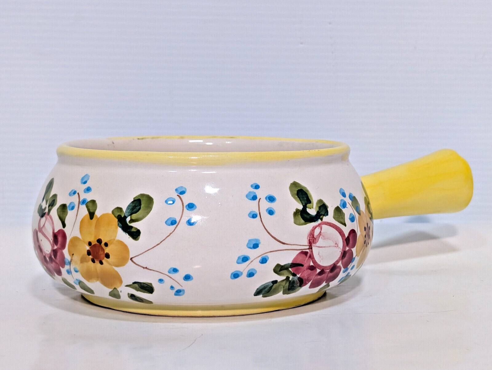 Vintage Hand Painted Soup Crock Pot Ceramic Dish Flowers Yellow Blue Green Berry
