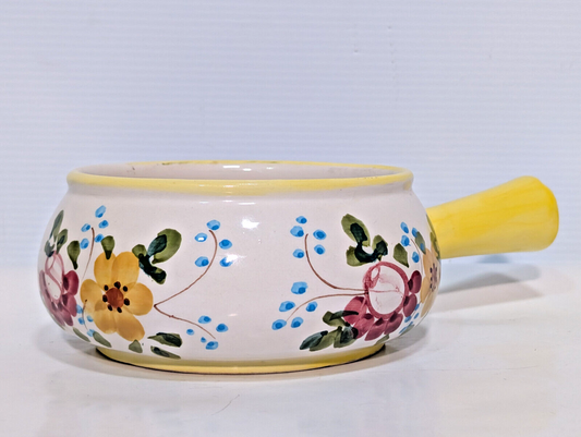 Vintage Hand Painted Soup Crock Pot Ceramic Dish Flowers Yellow Blue Green Berry