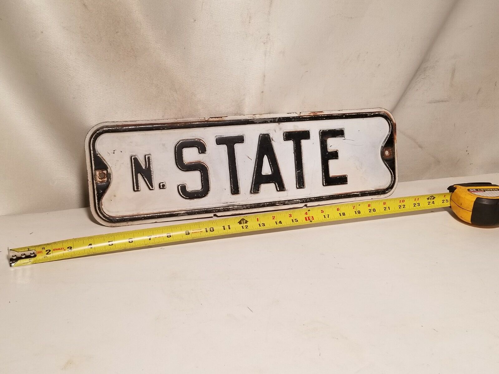 State Street Sign, North State, black and white, some rust, embossed