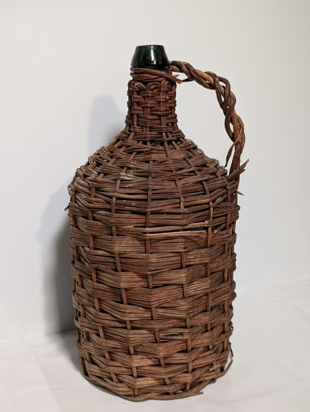 Vintage Wicker Wrapped Green Glass Jug \ Bottle with Handle, 18" T x 8" Diameter