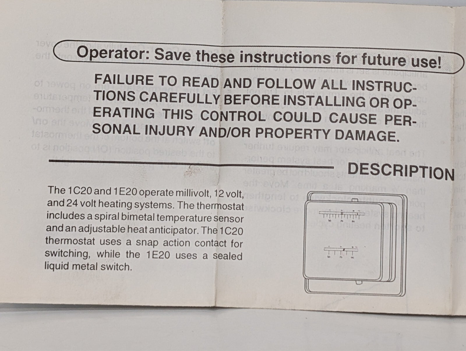 White Rodgers 1C20-1, Heating Thermostat, Low Voltage Snap Action, Model 7202