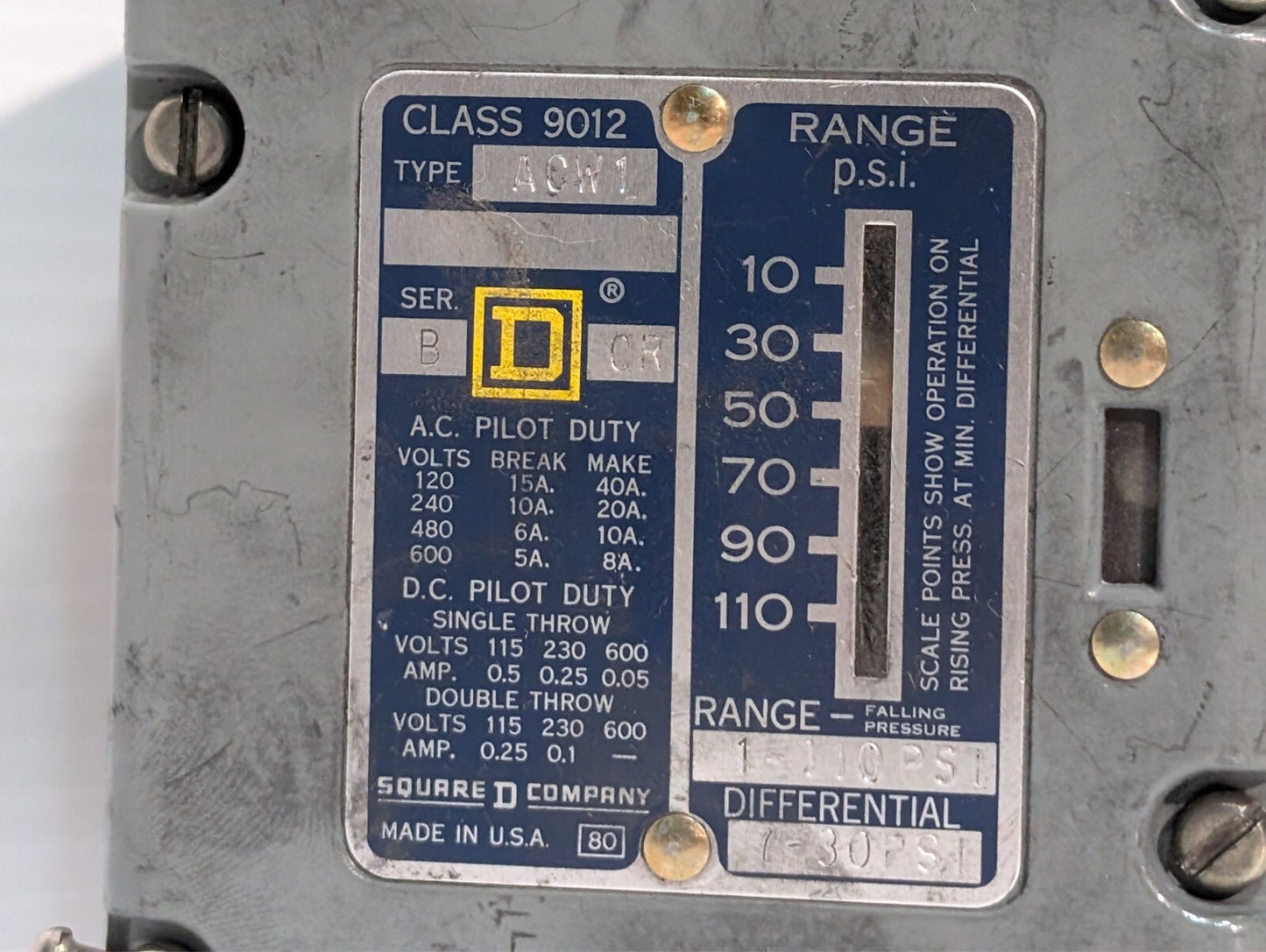 SQUARE D 9012-ACW1 PRESSURE SWTCH