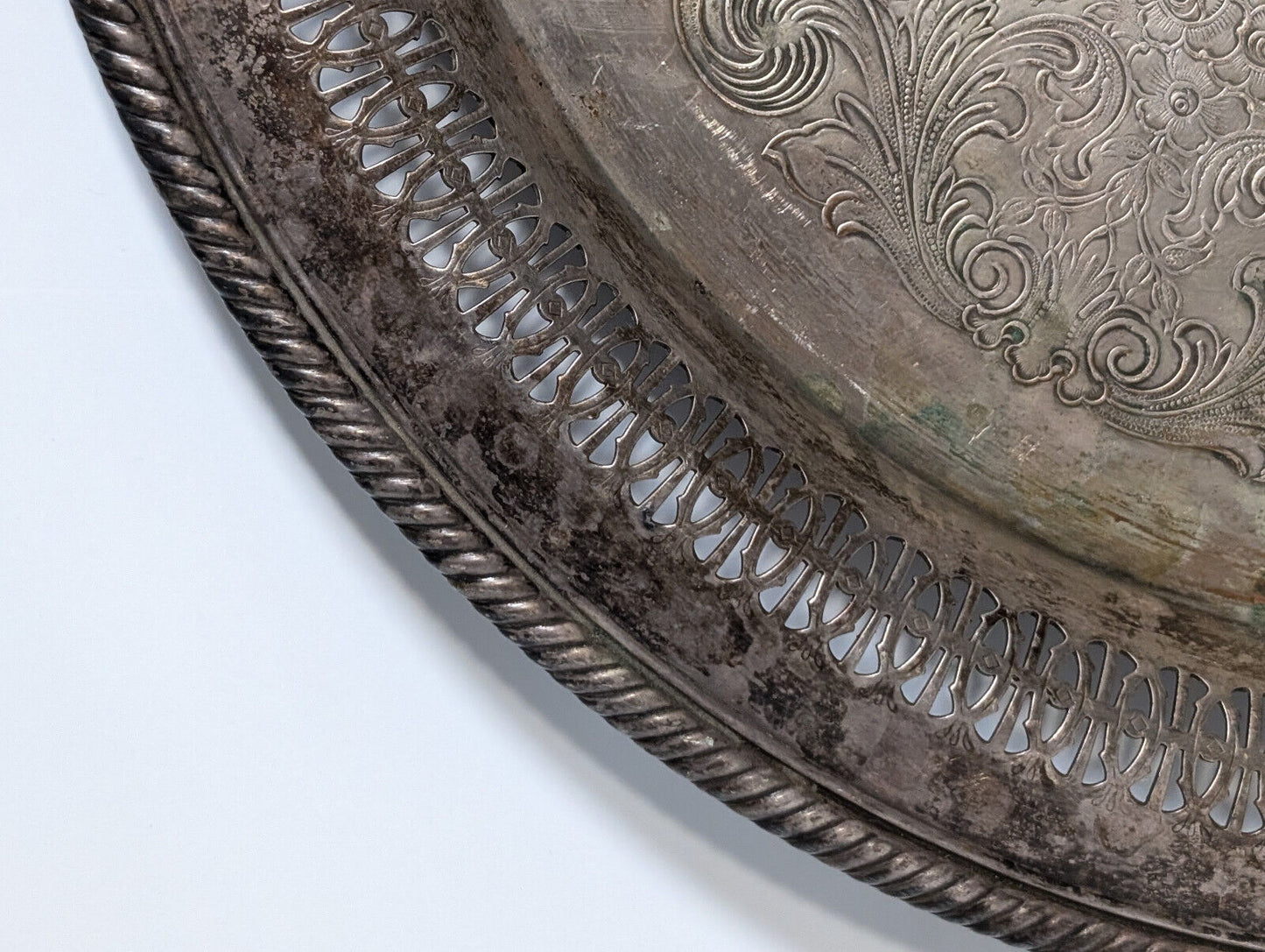 Vintage 15" Sterling Silver Plated Serving Platter, Tray, Victorian, Filagree