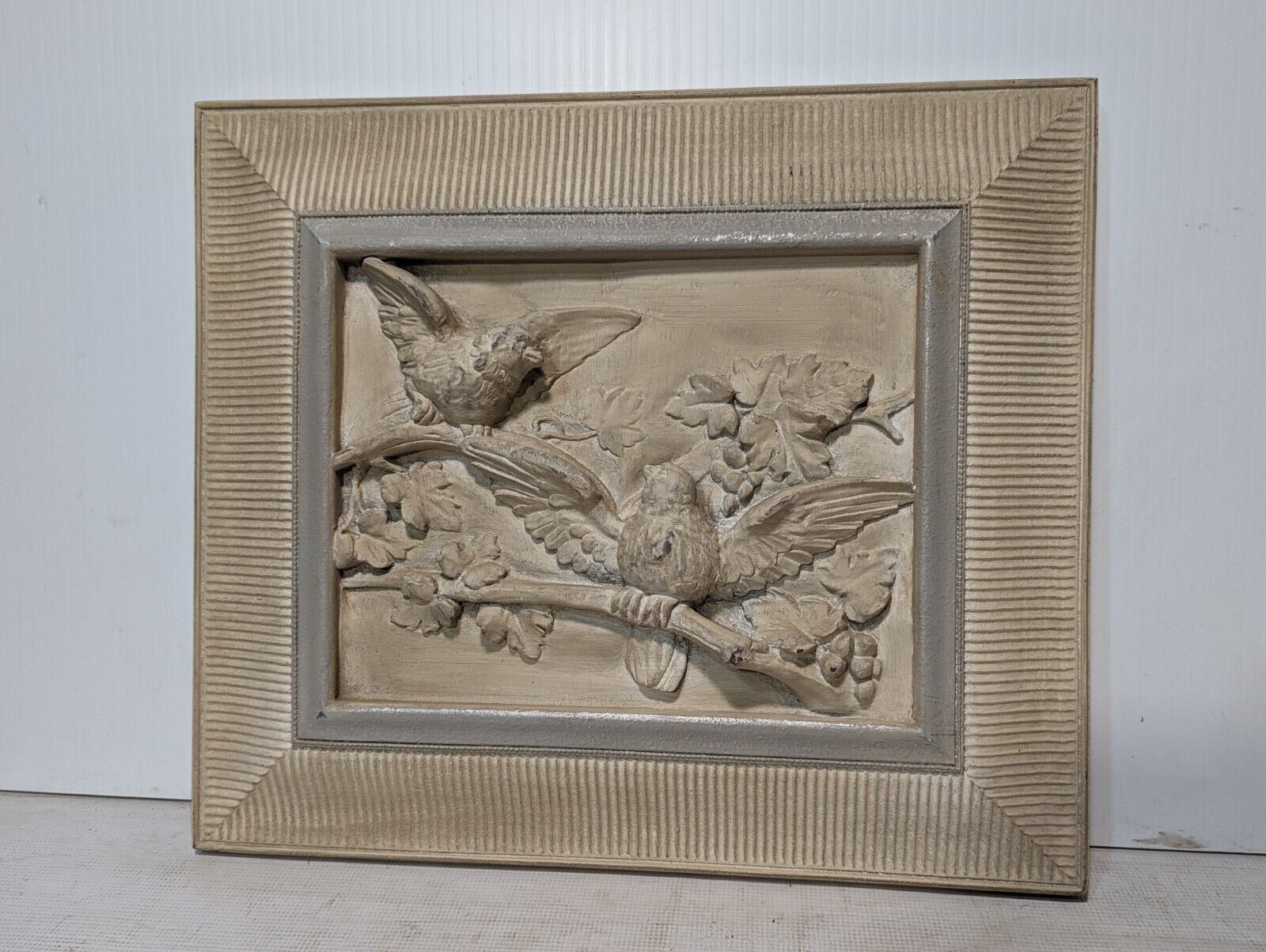 Vintage Framed Plaster Relief Art, 21" x 16", Two Birds in Spring - Free Ship