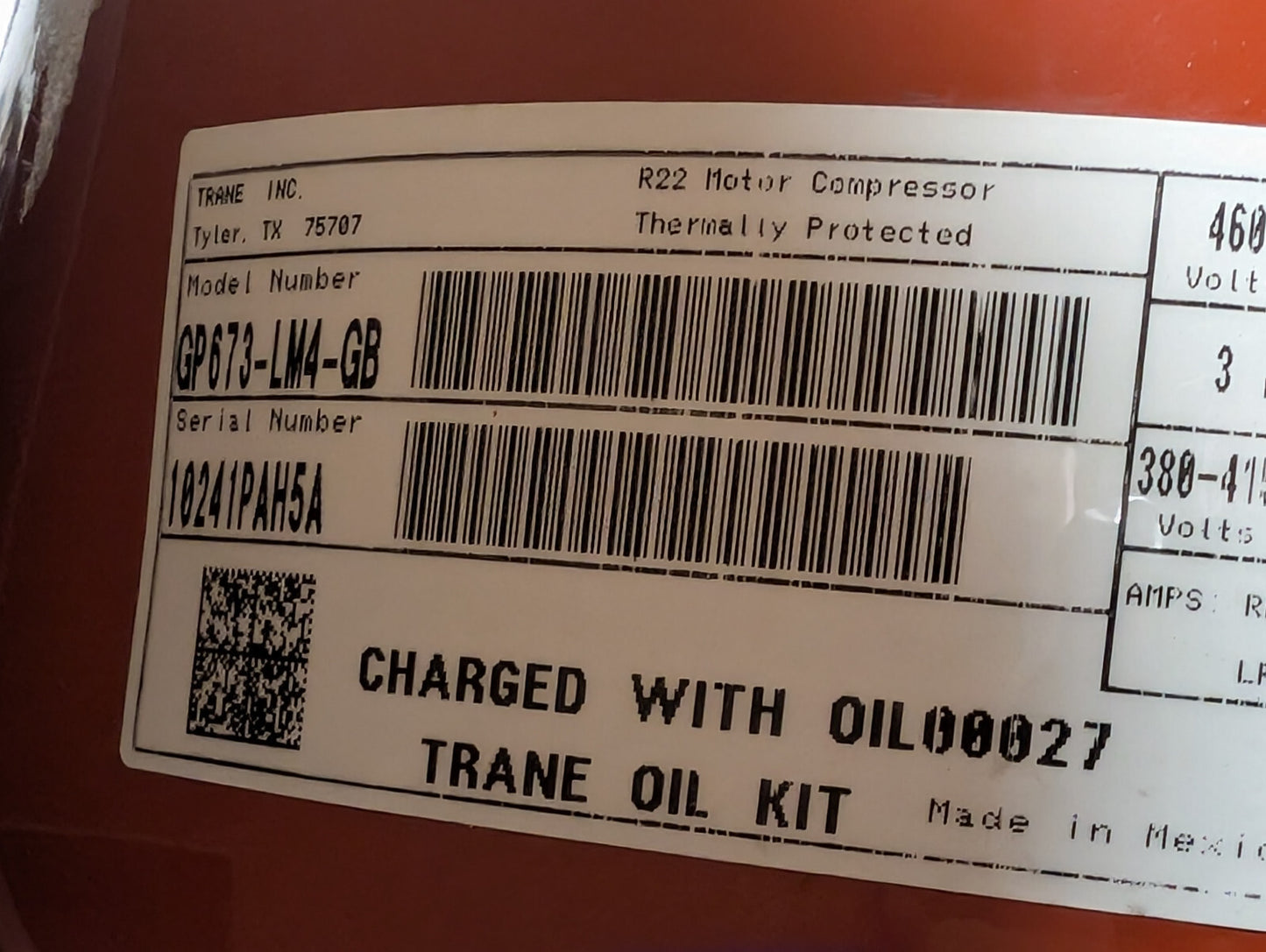 Trane GP673-LM4-GB R22 Motor Compressor, Thermally Protected, 3 Phase
